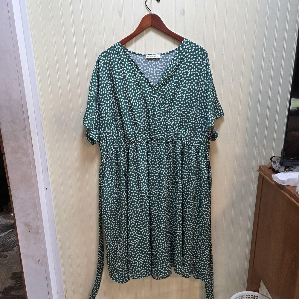 Nemidor‎ Dress Womens 22 Green Floral Short Sleeve V Neck Wrap Fit & Flare Knee